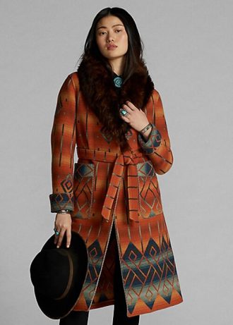 Abrigos de jacquard con cuello de piel de oveja Ralph Lauren para mujer en color naranja