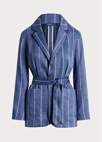 Blazers de lino y algodón con cinturón a rayas azules de Ralph Lauren para mujer