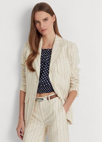 Blazers de sarga de lino a rayas Ralph Lauren para mujer en blanco