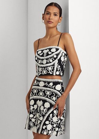 Blusa corta sin mangas con bordado Ralph Lauren para mujer, color blanco y negro