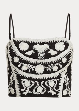 Blusa corta sin mangas con bordado Ralph Lauren para mujer, color blanco y negro
