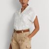 Blusa de gasa con ojales de Ralph Lauren para mujer, color blanco, de manga corta
