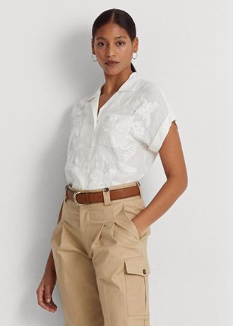 Blusa de gasa con ojales de Ralph Lauren para mujer, color blanco, de manga corta