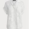 Blusa de gasa con ojales de Ralph Lauren para mujer, color blanco, de manga corta