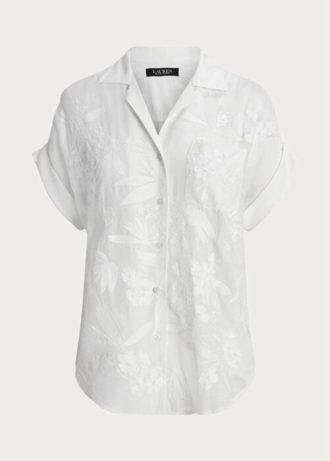 Blusa de gasa con ojales de Ralph Lauren para mujer, color blanco, de manga corta