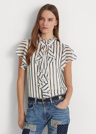 Blusa de gasa con volantes a rayas de Ralph Lauren para mujer en color crema/azul marino