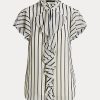 Blusa de gasa con volantes a rayas de Ralph Lauren para mujer en color crema/azul marino Blusa de gasa con volantes a rayas de Ralph Lauren para mujer en color crema/azul marino