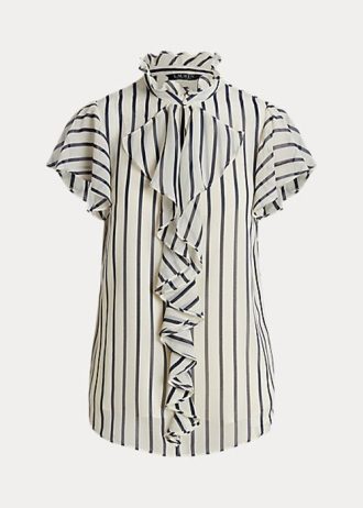 Blusa de gasa con volantes a rayas de Ralph Lauren para mujer en color crema/azul marino