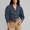 Blusa de gasa de algodón arrugada con estampado floral de Ralph Lauren para mujer en azul