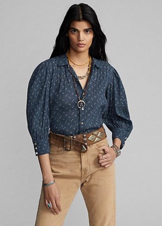 Blusa de gasa de algodón arrugada con estampado floral de Ralph Lauren para mujer en azul