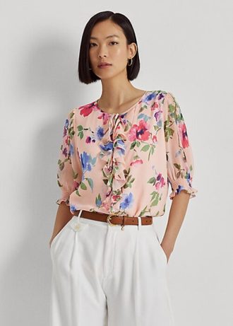 Blusa de georgette arrugada con estampado floral de Ralph Lauren en color rosa para mujer