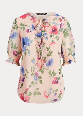 Blusa de georgette arrugada con estampado floral de Ralph Lauren en color rosa para mujer