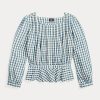 Blusa peplum de gasa a cuadros vichy de Ralph Lauren para mujer, color crema/azul Blusa peplum de gasa a cuadros vichy de Ralph Lauren para mujer, color crema/azul