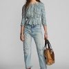 Blusa peplum de gasa a cuadros vichy de Ralph Lauren para mujer, color crema/azul Blusa peplum de gasa a cuadros vichy de Ralph Lauren para mujer, color crema/azul