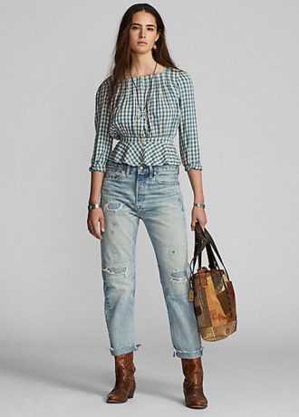 Blusa peplum de gasa a cuadros vichy de Ralph Lauren para mujer, color crema/azul