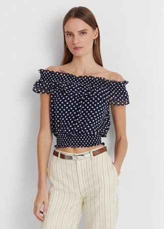 Blusa Ralph Lauren azul marino con hombros descubiertos y lunares para mujer