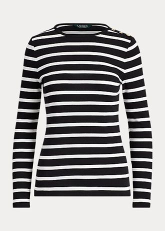 Blusas de rayas Ralph Lauren con botones en los hombros para mujer, en blanco y negro