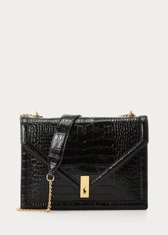 Bolso bandolera Ralph Lauren Polo ID con cadena y estampado de cocodrilo para mujer, color negro