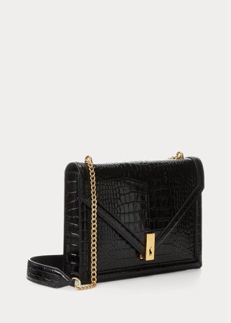 Bolso bandolera Ralph Lauren Polo ID con cadena y estampado de cocodrilo para mujer, color negro
