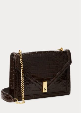 Bolso de mano Ralph Lauren Polo ID con cadena tipo sobre y estampado de cocodrilo para mujer, color chocolate
