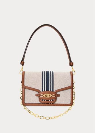 Bolso mediano de lona a rayas Ralph Lauren para mujer, color tostado/azul marino