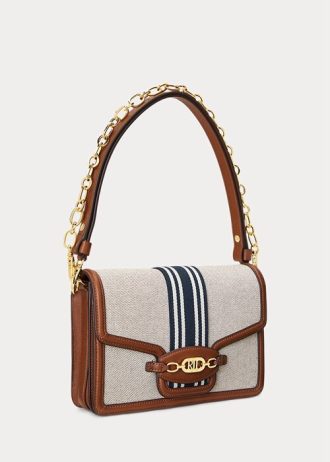 Bolso mediano de lona a rayas Ralph Lauren para mujer, color tostado/azul marino