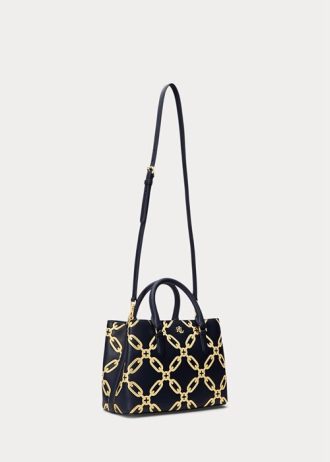 Bolso satchel mediano Marcy de piel con estampado metalizado en azul marino refinado y dorado moderno para mujer de Ralph Lauren