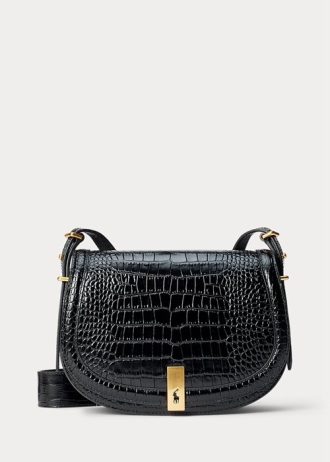 Bolsos de mano negros Ralph Lauren Polo ID con relieve de cocodrilo para mujer
