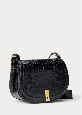 Bolsos de mano negros Ralph Lauren Polo ID con relieve de cocodrilo para mujer