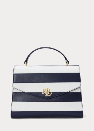 Bolsos tipo satchel medianos Farrah de piel a rayas Ralph Lauren para mujer, con diseño refinado en azul marino y blanco