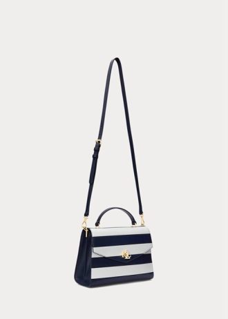 Bolsos tipo satchel medianos Farrah de piel a rayas Ralph Lauren para mujer, con diseño refinado en azul marino y blanco