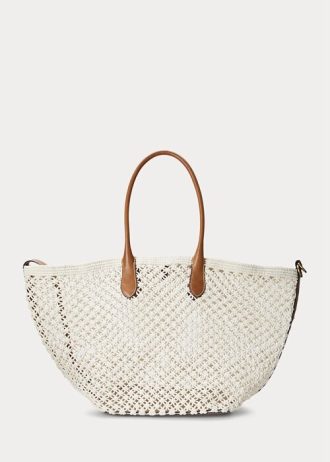 Bolsos tote Bellport grandes de crochet con ribete de cuero de Ralph Lauren para mujer en color crema pergamino