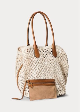Bolsos tote Bellport grandes de crochet con ribete de cuero de Ralph Lauren para mujer en color crema pergamino