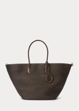 Bolsos tote Bellport grandes de paja con ribete de cuero de Ralph Lauren para mujer en color chocolate