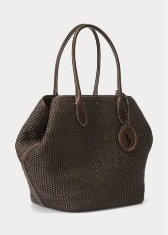 Bolsos tote Bellport grandes de paja con ribete de cuero de Ralph Lauren para mujer en color chocolate