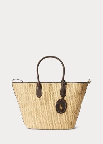 Bolsos tote Bellport medianos de paja con ribete de cuero Ralph Lauren para mujer
