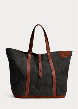 Bolsos tote de mezclilla con ribete de cuero Ralph Lauren para mujer en índigo