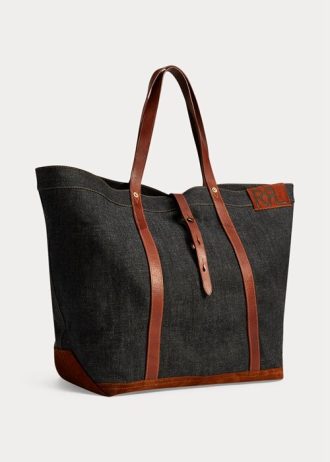 Bolsos tote de mezclilla con ribete de cuero Ralph Lauren para mujer en índigo