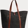 Bolsos tote de mezclilla con ribete de cuero Ralph Lauren para mujer en índigo Bolsos tote de mezclilla con ribete de cuero Ralph Lauren para mujer en índigo