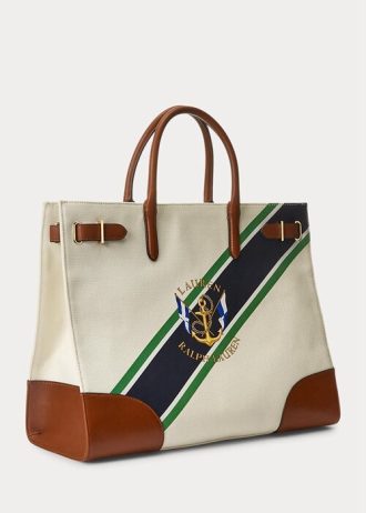 Bolsos tote grandes Devyn de lona con estampado de rayas naturales y gráficas para mujer de Ralph Lauren