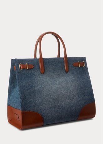 Bolsos tote grandes Devyn de Ralph Lauren para mujer en denim con ribete de cuero y lavado índigo Sunset/Lauren