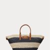 Bolsos tote medianos Daphney de paja a rayas de Ralph Lauren para mujer, color natural, negro y tostado Lauren