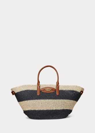 Bolsos tote medianos Daphney de paja a rayas de Ralph Lauren para mujer, color natural, negro y tostado Lauren