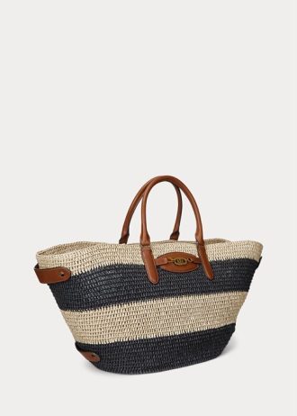 Bolsos tote medianos Daphney de paja a rayas de Ralph Lauren para mujer, color natural, negro y tostado Lauren