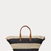 Bolsos tote medianos Daphney de paja a rayas de Ralph Lauren para mujer, color natural, negro y tostado Lauren