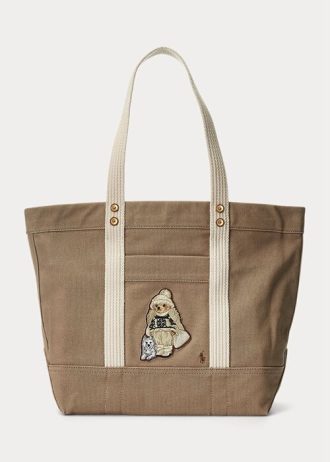 Bolsos tote medianos de lona Ralph Lauren Polo Bear para mujer Madison Tan