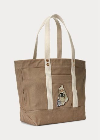 Bolsos tote medianos de lona Ralph Lauren Polo Bear para mujer Madison Tan