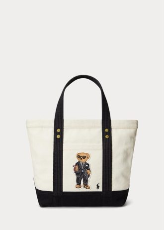 Bolsos tote pequeños Ralph Lauren de lona color crudo/negro para mujer