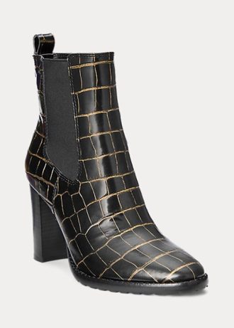 Botas de piel con relieve Ylah de Ralph Lauren para mujer, color negro