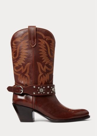 Botas vaqueras marrones de piel de becerro con tachuelas de Ralph Lauren para mujer Botas vaqueras marrones de piel de becerro con tachuelas de Ralph Lauren para mujer